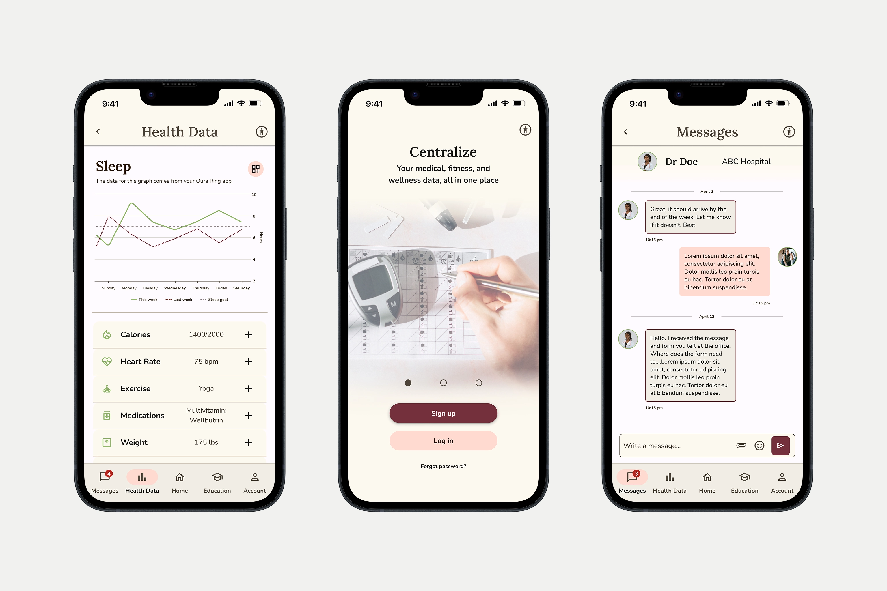 Olive case study preview — health data app screens